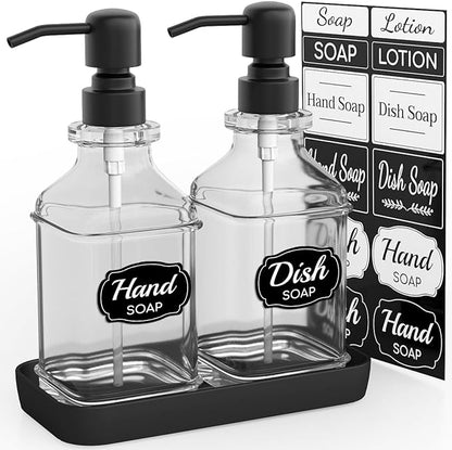LMQML Soap Dispenser - 2 Pack, Antique Design Thick Glass Hand Soap Dispensers with Sturdy Tray; 304 Rust Proof Stainless Steel Black Pump, 12Pcs Stickers, for Kitchen, Bathroom by LMQML