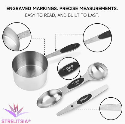 Magnetic Measuring Cups and Spoons Set, Strong N45 Magnets, 304 Stainless Steel, Double-Sided Measuring Spoons, 14-Piece Set with Leveler for Baking & Cooking - Image 5