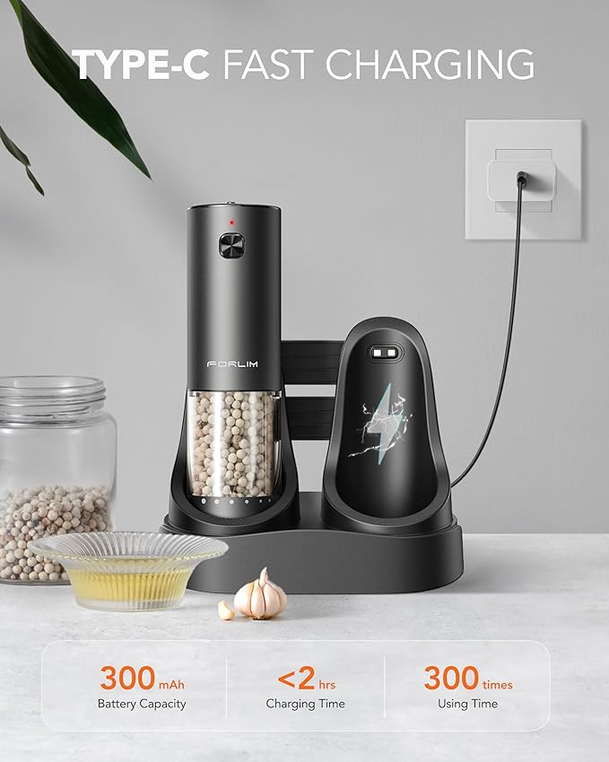FORLIM 2-Speed ​​Electric Salt And Pepper Grinder Set, External Rotation To Adjust Coarseness, Electric Salt and Pepper Shaker With Charing Base, One-Button Automatic Grinding, Washable Container - Image 4