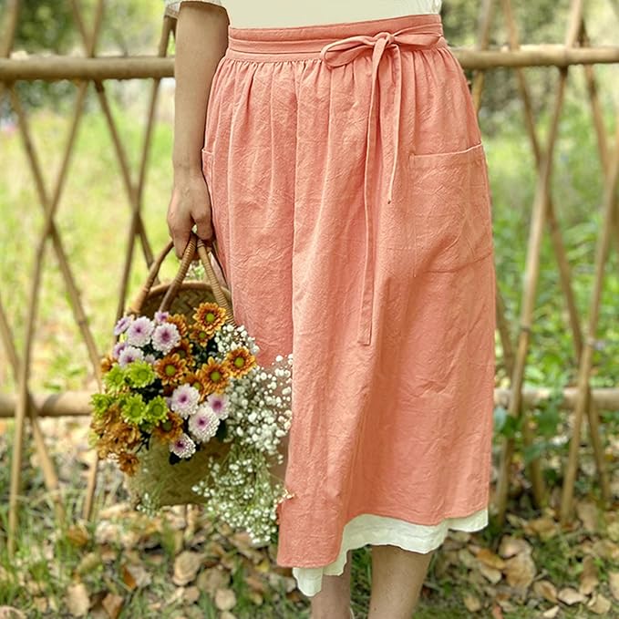 Cotton Linen Half Apron for Women Vintage Waist Apron Ruffle Plain Bright Color for Cooking Painting Artwork
