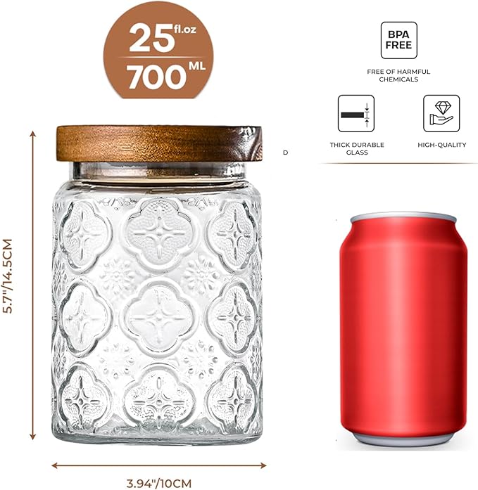 Adodeen 24oz Vintage Glass Jar With Lid, Glass Storage Containers, Airtight Kitchen Storage Containers For Sugar, Coffee, Tea, Spice, Flour, Candy Cookie, Pasta, Cereal, Cute Decorative Jars - Image 2