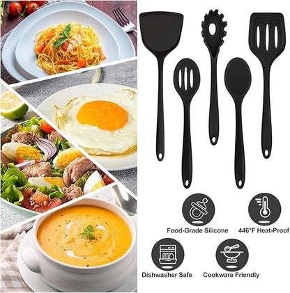 TeamFar Silicone Cooking Utensils Set, 5-Piece Heat Resistant Kitchen Utensils Set, Nonstick Slotted Solid Spoon Turner Pasta Server for Frying, Serving, Mixing, Non-Toxic & Dishwasher Safe, Black - Image 6