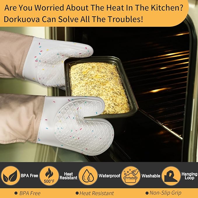 Oven Glove Cute,Cooking Mittens,Oven Mittens for Kitchen,Oven Gloves for Kitchen,Washable Silicone Oven Mitts Heat Resistant 500°F, Potholders for Kitchens Cooking Baking(Cream - Image 4