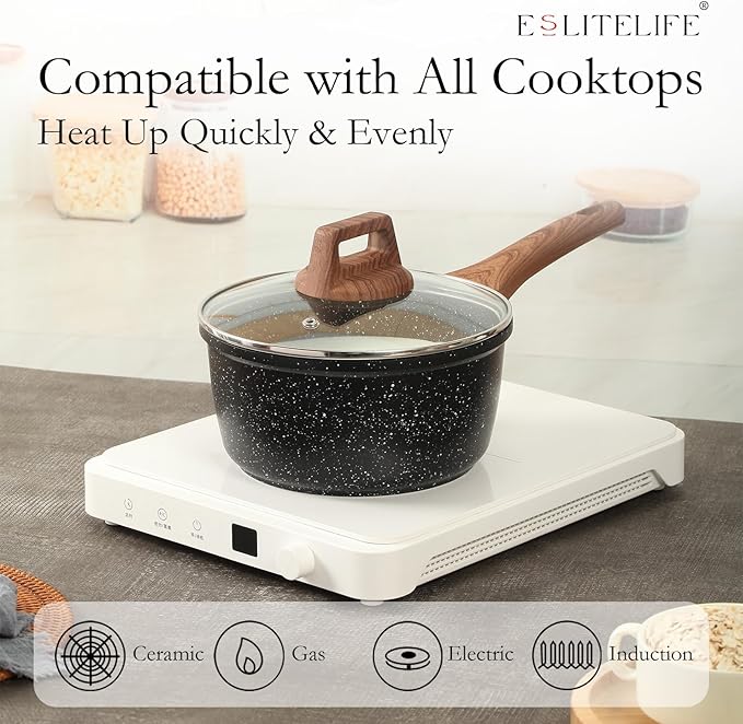 ESLITE LIFE Nonstick Sauce Pan with Lid, 1.5 QT Small Soup Pot Compatible with All Stovetops (Gas, Electric & Induction), PFOA Free, Black - Image 4