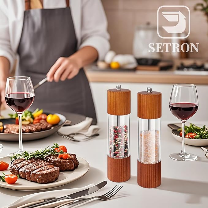 Acacia Wooden Salt and Pepper Grinder Set, 8 Inches Refillable Salt and Pepper Mills with Adjustable Ceramic Core, Manual Salt and Pepper Shakers for Kitchen Cooking and Gifts - Image 7