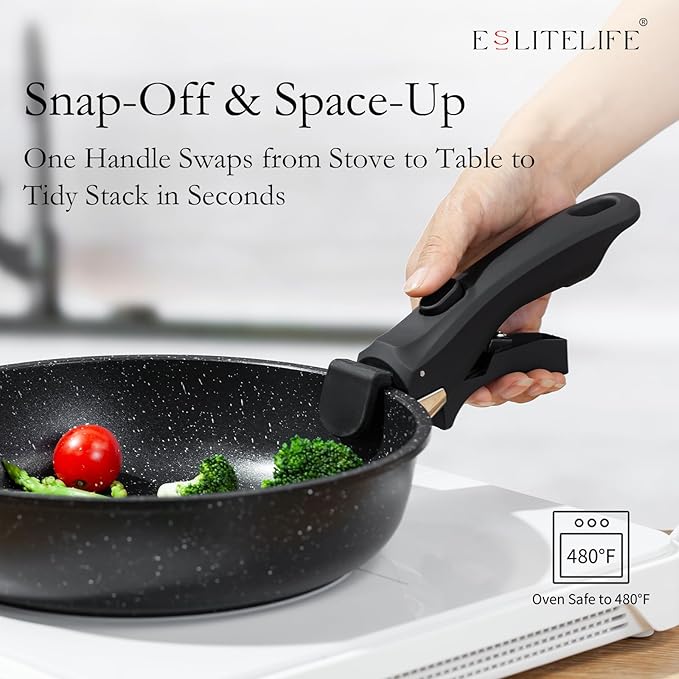 ESLITE LIFE Nonstick Ceramic Frying Pans Skillets Set with Lids & Detachable Handle, Non-Toxic Egg Omelette Kitchen Cooking Pans Compatible with All Stovetops, PTFE & PFOA Free, Black, 7-Piece - Image 3