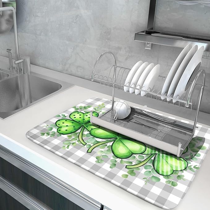 St Patricks Day Dish Drying Mat for Kitchen Counter Shamrocks Eucalyptus Leaf Holiday Microfiber Absorbent Dish Draining Reusable Washable Foldable Extra Large 18"x24" - Image 5