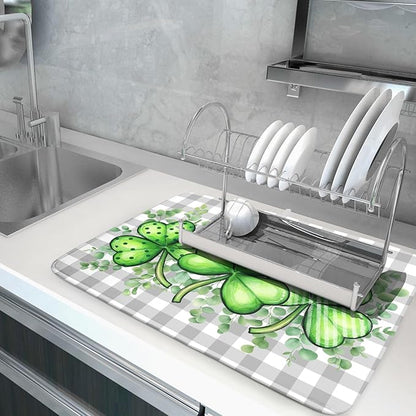 St Patricks Day Dish Drying Mat for Kitchen Counter Shamrocks Eucalyptus Leaf Holiday Microfiber Absorbent Dish Draining Reusable Washable Foldable Extra Large 18"x24" - Image 5