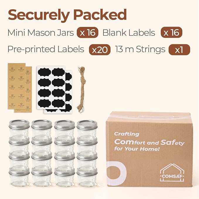 ComSaf Mini Mason Jars Bulk 4oz 16PCS, Regular Mouth Mason Jar with Lids and Seal Bands, Small Glass Canning Jar for Spice, Jam, Honey, Jelly, Dessert, Shower Wedding Favors, DIY Candles Decor - Image 8