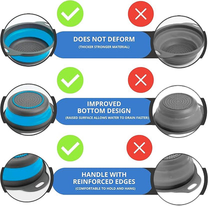 Blue Kitchen Strainer Colander Set - 2 PCS Collapsible Strainer Colander with Plastic Handles Silicone Food Grade Tools for Kitchen for Pasta and Spaghetti Multifunctional