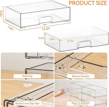 Yieach 12.1''W Clear Stackable Storage Drawers,4Pcs Acrylic Drawer Organizer for Hair Accessories,Makeup Organizers,Plastic Office Supply Organizer for Pen,Pencil,Medicine,Accessory,Craft Organization