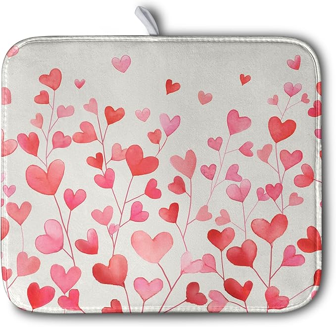 Valentines Pink Love Heart Dish Drying Mat Valentine Day Absorbent Microfiber Dish Drying Pad Heat Resistant Kitchen Counter Draining Mat Extra Large Dish Drainer Rack Mats 16x18 Inch by Kwlegh