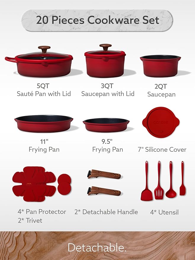 CAROTE 20Pcs Titanium Cookware Set, Pots and Pans Set Non Stick, Kitchen Cooking Set with Detachable Handle, Non Toxic Induction Cookware - Camping Cookware, Dishwasher/Oven Safe, Red - Image 2