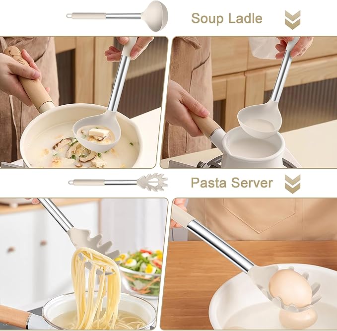 TeamFar Silicone Soup Ladle and Pasta Fork Set, 2 Pcs Large Nonstick Kitchen Cooking Utensils with Stainless Steel Handle for Draining, Serving Soup, Sauce, Spaghetti, Non-Toxic & Heat-Proof, Khaki - Image 4