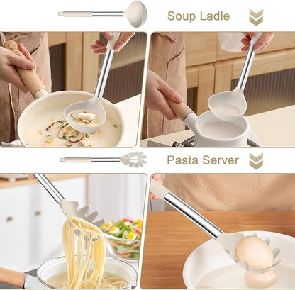 TeamFar Silicone Soup Ladle and Pasta Fork Set, 2 Pcs Large Nonstick Kitchen Cooking Utensils with Stainless Steel Handle for Draining, Serving Soup, Sauce, Spaghetti, Non-Toxic & Heat-Proof, Khaki - Image 4