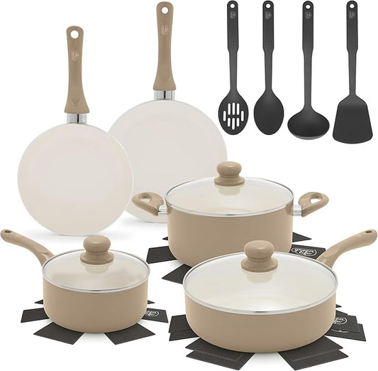 GreenLife 16-Piece Nonstick Cookware Set, Non-Toxic Ceramic Pots and Pans Set, Durable Healthy Kitchen Essentials, Fast Heating, Induction Ready, Easy Clean Dishwasher Safe, PFAS-Free, Beige Taupe