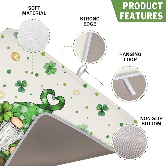 St Patrick's Day Gnome Dish Drying Mat for Kitchen Counter,Inch Lucky Shamrock Gold Coin Drying Mat 16 x 18 Inch with Absorbent Reversible Microfiber Dish Drying Pad for Coffee Bar - Image 3