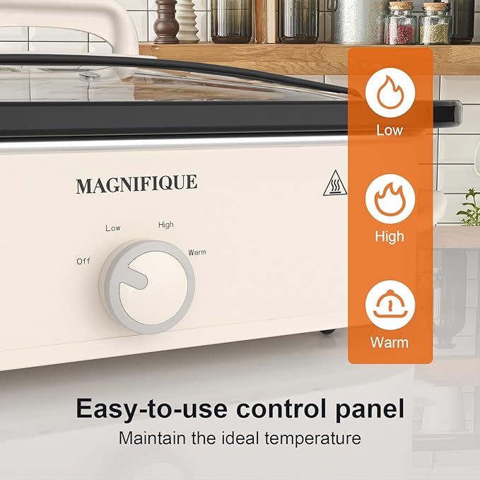 MAGNIFIQUE 4 Quart Slow Cooker with Ceramic Nonstick Baking Dish, Adjustable Temperature, Oven Safe for Lasagna & Roasts, Dishwasher Safe Stoneware & Tempered Glass Lid, Compact Crock Pot, Oatmeal