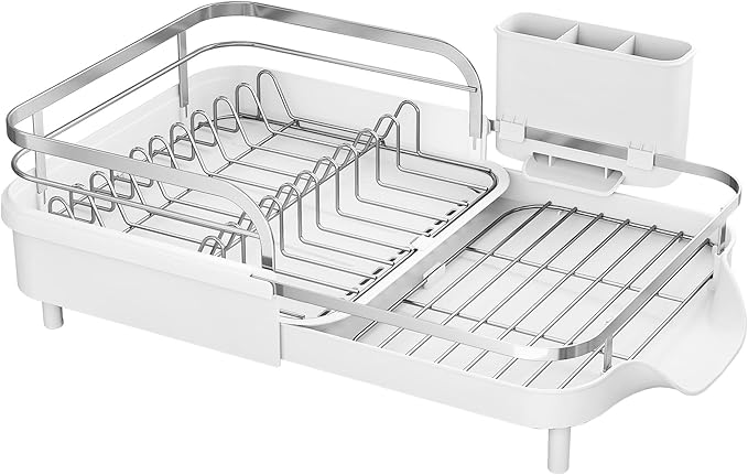 SAYZH Dish Drying Rack - Expandable Dish Rack for Kitchen Counter, Rust-Resistant Dish Drainer with Utensil Holder and Raised Guardrail, Kitchen Organizer for Cup and Bottle (White) - Image 9
