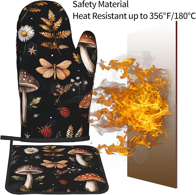 Mushroom Oven Mitts Set – Vintage Pot Holders Kitchen Gloves for Women Farmhouse Kitchen Mitts Floral Herb Potholders Set of 2 Durable for Cooking Baking - Image 5