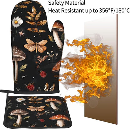 Mushroom Oven Mitts Set – Vintage Pot Holders Kitchen Gloves for Women Farmhouse Kitchen Mitts Floral Herb Potholders Set of 2 Durable for Cooking Baking - Image 5