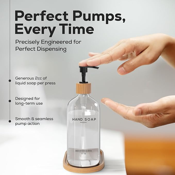 Glass Hand Soap Dispenser Bathroom Set by Brighter Barns - Hand Soap Dispenser for Kitchen Sink & Bathroom - Refillable Pump Bottle Set - Neutral Home Decor for Airbnb, Vacation Rental, Hotel (Clear) - Image 4