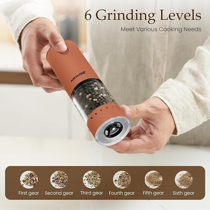 Newise Electric Salt and Pepper Grinder Set Rechargeable with LED Lights, Automatic Pepper & Salt Mill, Adjustable Coarseness, Large Capacity, Brown