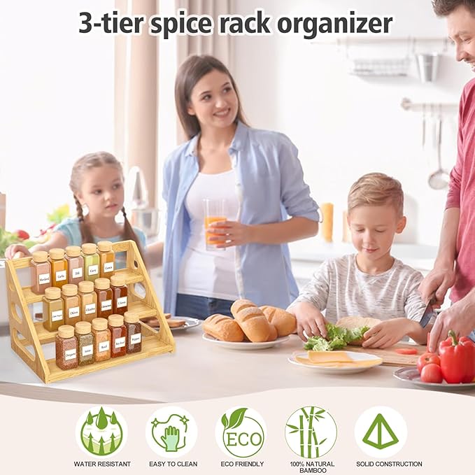 Spice Rack - Tiered Spice Rack Organization for Cabinet - 3 Tier Bamboo Display Spice Shelf for Countertop - Image 2