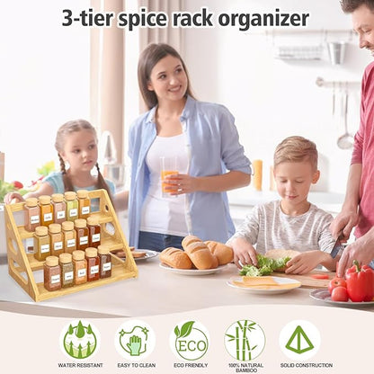 Spice Rack - Tiered Spice Rack Organization for Cabinet - 3 Tier Bamboo Display Spice Shelf for Countertop - Image 2