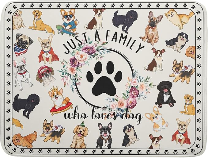 Dog Family Dish Drying Mat Cartoon Pet 18 X 24 in Absorbent Printed Drying Pad for Dog Lover by Giwawa