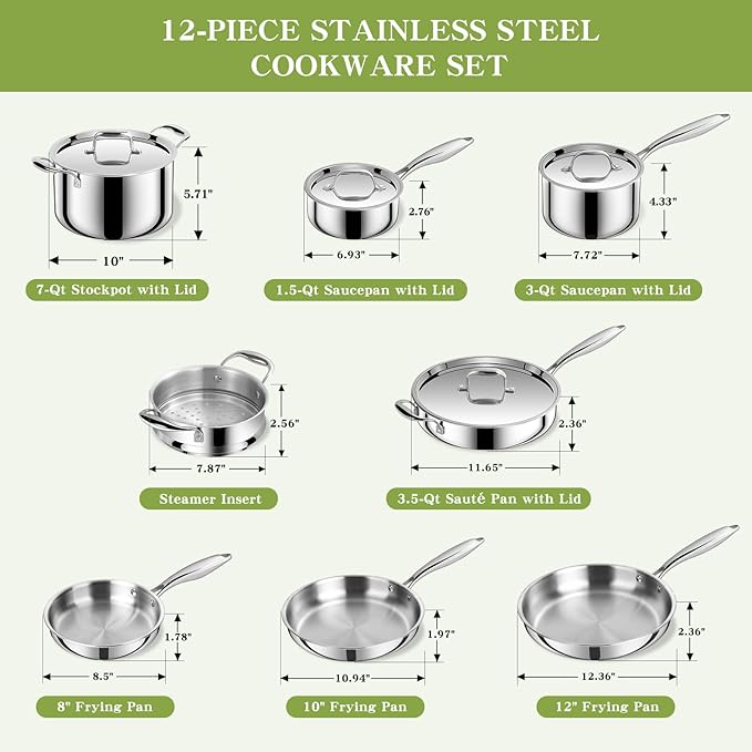 Triple Ply Stainless Steel Pots and Pans Set, EWFEN 12 Piece Induction Cookware Set, Oven Dishwasher Safe | Frying Pans, Saucepans, Saute Pan & Stock Pot, PFOA Free Kitchen Skillet - Image 2