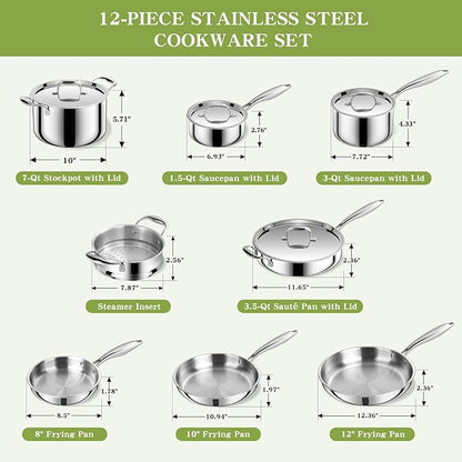 Triple Ply Stainless Steel Pots and Pans Set, EWFEN 12 Piece Induction Cookware Set, Oven Dishwasher Safe | Frying Pans, Saucepans, Saute Pan & Stock Pot, PFOA Free Kitchen Skillet - Image 2