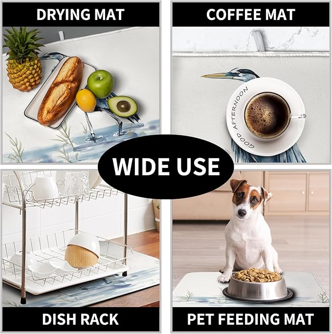 Summer Dish Drying Mat Blue White Heron Beach Absorbent Microfiber Drying Mats for Kitchen Counter Coastal Nautical Birds Dishes Drainer Mat 16x18 Inch - Image 7