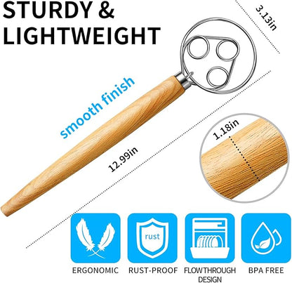 TEEVEA Danish Dough Whisk for Bread Sourdough, Wooden Handle & Stainless Steel Hook - Image 7