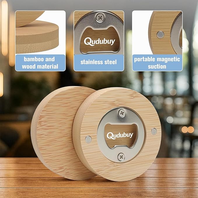 24 Pcs Magnetic Bottle Opener 2.5In DIY Bamboo Round Shape Beer Openers Wooden Fridge Magnet Refrigerator Sticker for Beer Lovers,Wedding Guests,Kitchens,Bars,Parties