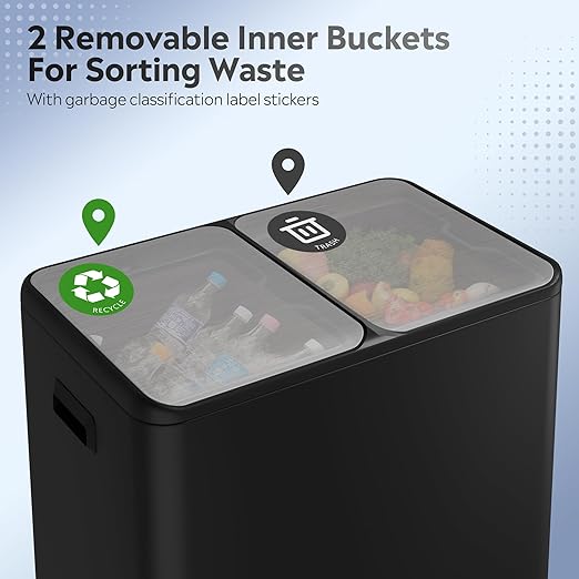 WLIVE 2 x 8 Gallon Stainless Steel Dual Trash Can, Double Trash Can Kitchen with Soft-Close Lid, Trash and Recycle Bin Combo, Kitchen Garbage Can with Deodorizing Filter Box and Inner Buckets, Black