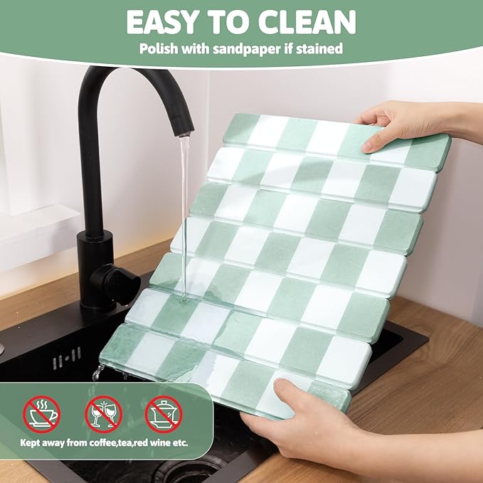 Yamaziot Stone Drying Mat for Kitchen Counter, 16"x12" Foldable Ultra Absorbent Stone Drying Mat, Quick-Dry Diatomaceous Earth Mat, Non-Slip Heat Resistant Mat for Dishes, Cups, Bottles, Green