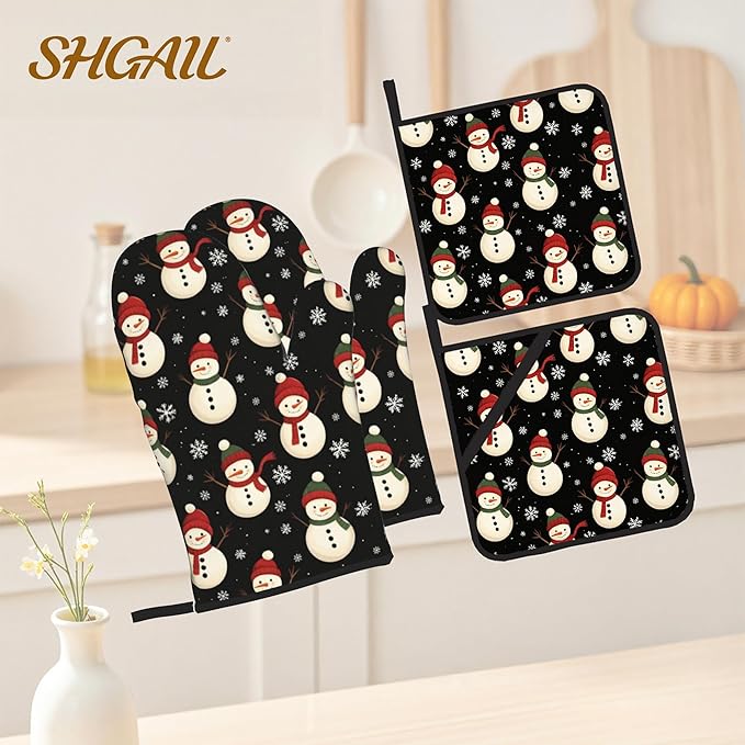 Oven Mitts and Hot Pads Set - Cute Snowman Design, Heat Resistant Cute Pot Holders for Kitchen, Baking Gifts for Women