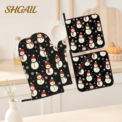 Oven Mitts and Hot Pads Set - Cute Snowman Design, Heat Resistant Cute Pot Holders for Kitchen, Baking Gifts for Women