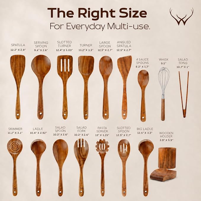 20 Pcs Teak Wooden Utensil Set – Premium Cooking Utensils Set, Natural Wooden Spoons for Cooking - Sturdy Kitchen Utensils & Cooking Spoons for Every Chef - Image 4