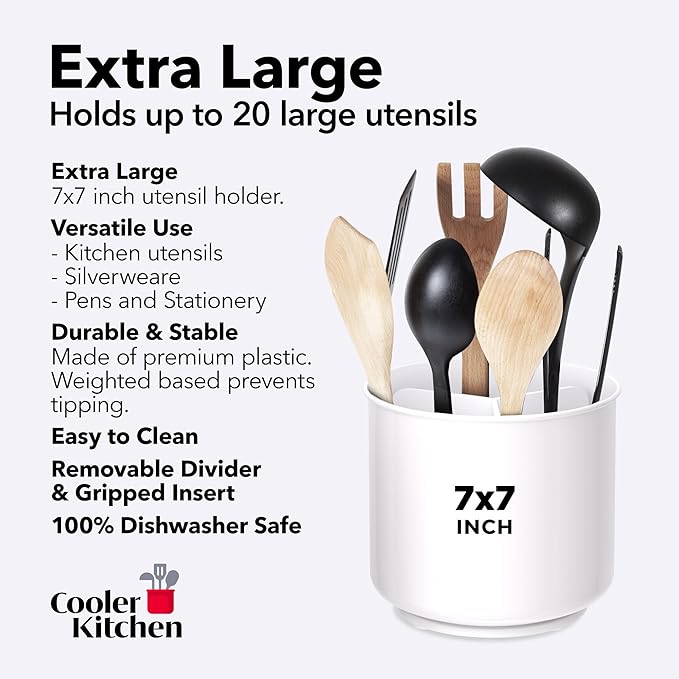 Cooler Kitchen Jumbo XL Rotating White Plastic Utensil Holder Caddy with Sturdy No-Tip Weighted Base, Removable Divider, and Gripped Insert - Dishwasher Safe Kitchen Utensil Holder for Countertop - Image 5