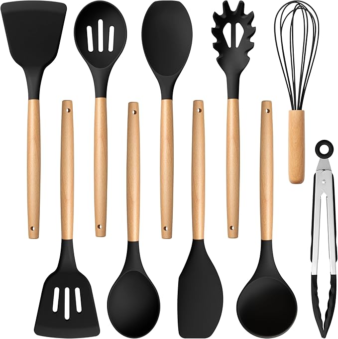E-far Silicone Cooking Utensils Set, 10-Piece Black Kitchen Utensils Set with Wooden Handle for Nonstick Cookware, Heat Resistant Kitchen Nonstick Tools Spatula Whisk Tongs Ladle, Non-toxic & Healthy by E-far
