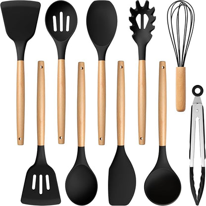 E-far Silicone Cooking Utensils Set, 10-Piece Black Kitchen Utensils Set with Wooden Handle for Nonstick Cookware, Heat Resistant Kitchen Nonstick Tools Spatula Whisk Tongs Ladle, Non-toxic & Healthy by E-far