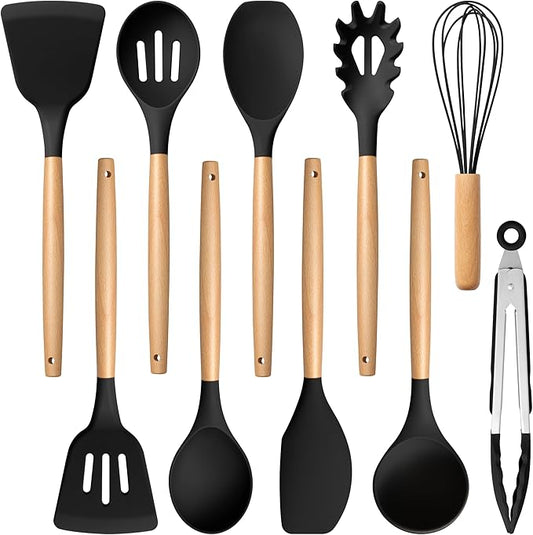 E-far Silicone Cooking Utensils Set, 10-Piece Black Kitchen Utensils Set with Wooden Handle for Nonstick Cookware, Heat Resistant Kitchen Nonstick Tools Spatula Whisk Tongs Ladle, Non-toxic & Healthy by E-far