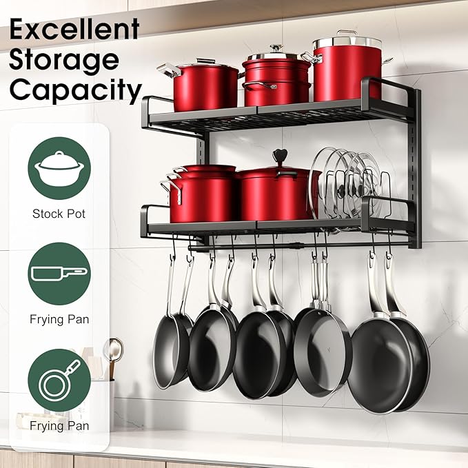 19"- 30" Expandable Hanging Pot Rack, 2 Tier Heavy Duty Wall Mounted Pots and Pans Organizer with 10 Hooks and 5 Pot Lid Holders, Pot Hanger Shelf for Kitchen Cookware Utensils Organizers and Storage - Image 6