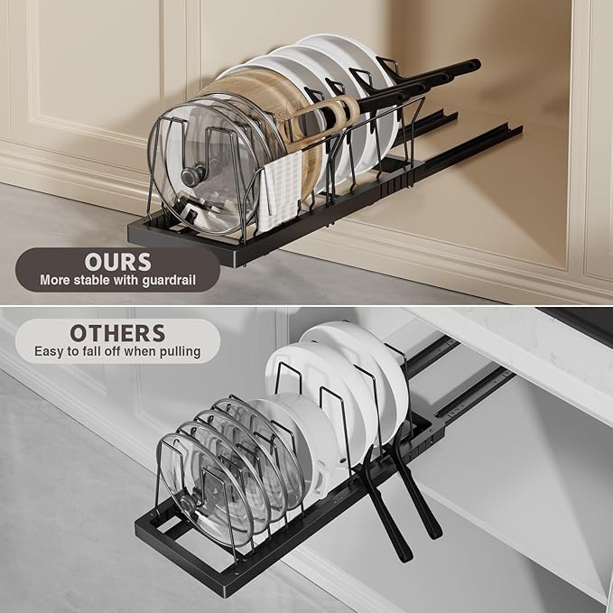 Magheo 2 Pack Pots and Pans Organizer Under Cabinet, 22" Deep Expandable Pull Out Pot Lid Organizer and Storage with 10 Adjustable Dividers No Drill Pot and Pan Holder Rack with Handle Bracket(Black) - Image 5