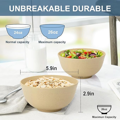 Soup Bowls 26oz, Wheat Straw Bowls Set of 6, Unbreakable Cereal & Popcorn Bowls, Microwave & Dishwasher Safe Prep Bowl for Outdoor, Picnic, Hiking, Beach - Beige