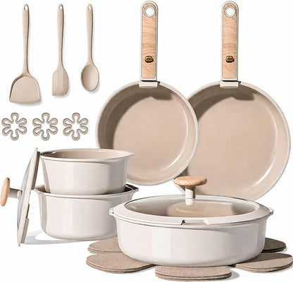 CAROTE Nonstick Pots and Pans Set, Cookware Set Detachable Handle, 19 Pcs Induction Kitchen Cookware Sets Non Stick with Removable Handle, RV Cookware Set, Oven Safe, Elegant White, Mothers Day Gifts