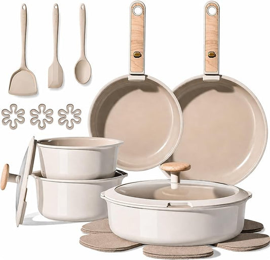 CAROTE Nonstick Pots and Pans Set, Cookware Set Detachable Handle, 19 Pcs Induction Kitchen Cookware Sets Non Stick with Removable Handle, RV Cookware Set, Oven Safe, Elegant White, Mothers Day Gifts