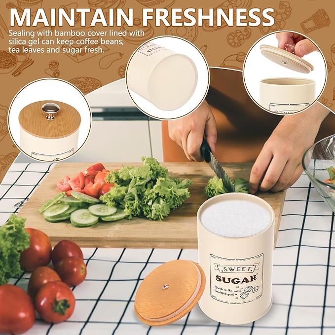 3 Pack Coffee Tea Sugar Container Set with Bamboo Lids Airtight Metal Canister Sets for Kitchen Counter Vintage Coffee Bar Container Set Rustic Farmhouse Kitchen Decor